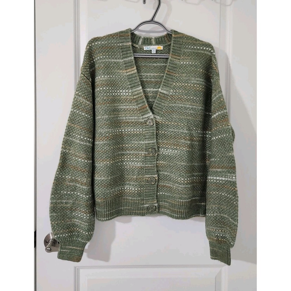 C&C California Women's V Neck Knit Long Sleeve Cardigan Sweater Green Size M